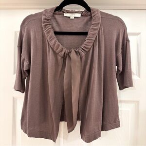 Loft Short Sleeve Ribbon Tie Gathered Neckline Cardigan Sweater Dark Taupe Gray